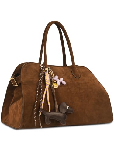 TRow Brown Faux Suede Tote Hobo Handbag with Puppy Charm 15" at Amazon