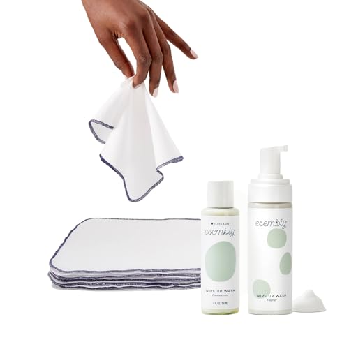 Esembly Wipe Up Wash Kit and 12pk Wipe Ups Bundle Organic Cotton Reusable Wipes plus Organic No-Rinse Foaming Wipes Solution, Kit Includes Refillable Foamer Bottle, Concentrate and Washable Wipe Ups