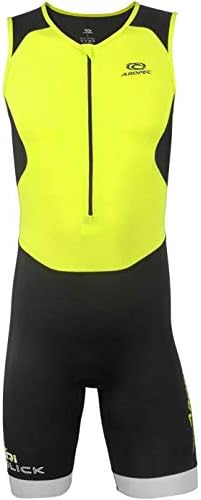 Aropec Mens Tri-Slick Lycra Triathlon Suit Black Yellow - One Piece Tri-Slick Lycra tri Suit - Two mesh Back Waist Pockets