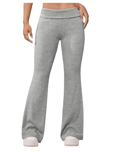 RoseSeek Girl's Fold Over High Waisted Flare Pants Skinny Yoga Bell Bottoms Track Trousers Light Grey 11Y at Amazon