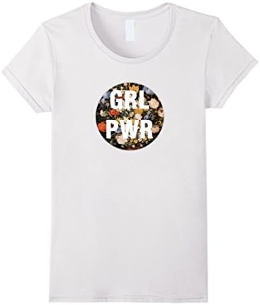 Women's Black Floral Feminist T shirt Girl Power GRL PWR T Shirt  Small White