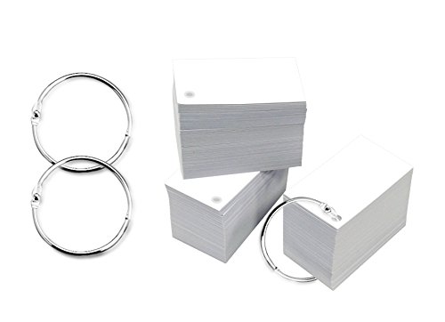 White Flash Cards - Single Hole Punched - Size: 3.5 x 2 inches (Standard Business Card Size) - 500 Cards per Box with 3 Metal Binder Rings