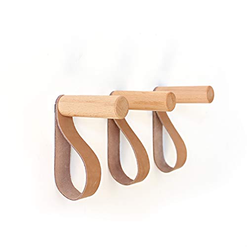 anaan 'Forest' Coat Hooks Wood with Leather Strap Wall Hook Wooden Wall Mounted Hangers Clothes Scarf Hat Bag Towel Scandi Decoration Design Modern (Set of 3)