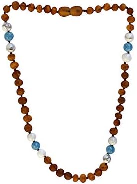 Baltic Amber Necklace for BIG Kids- 15 inch- Alternative Pain Relief + Immune System Boost (Aquamarine/Howlite)