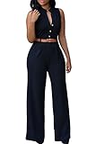 Roswear Women's Sexy Plunge V Neck Belted Wide Leg Jumpsuits Dress Black XX-Large