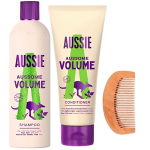 Shampoo n Conditioner Volumising Aussie 2 Pack Bundle with 1x 300ml Volume Shampoo, 1x 200ml Volume Conditioner & 1x CHG Wooden Hair Comb - Lift for Limp Flat Hair