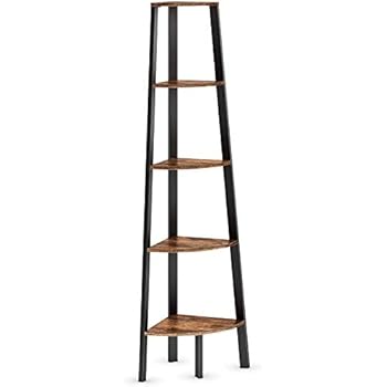Ballucci Industrial Corner Shelf, 5-Tier Bookcase Storage Rack, Wood Plant Stand for Home or Office, Accent Furniture with Metal Frame, Rustic Brown