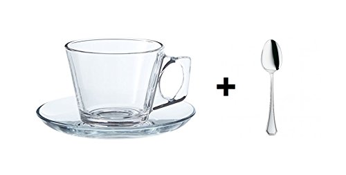 VELA 3.2-Ounce. Small Demitasse Clear Glass Espresso Drinkware, Set of 6 Cups/Saucers + Set of 6 Stainless Steel 18/10 mini Espresso Spoons! Hostess, Coffee Lover/Enthusiast, Espresso. - Thumbnail 2