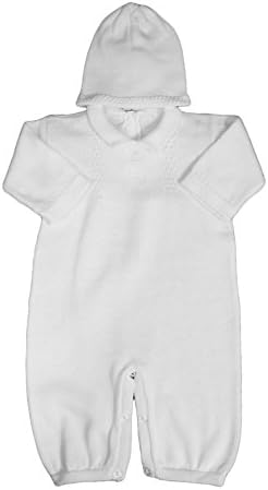 Christening DayBoy's White Cotton Knit Christening Baptism Longall w/White, Blue, or Gold Cross and Hat
