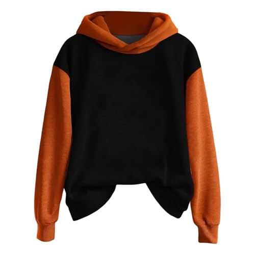JOASDAO Halloween Hooded Sweatshirts Women, Orange Hoodie Women Halloween Costume Novelty Color Block Patchwork Long Sleeved Cute Pullover Holiday Party Tops School Jumpers