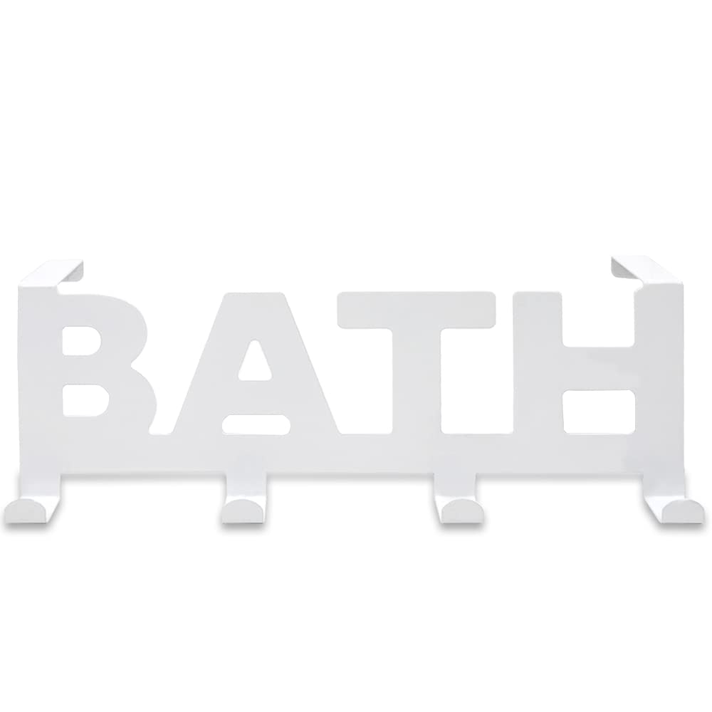 Over the Door Hook Hanger with 4 Hooks, Towel Rack for Bathroom Door, Decorative Metal Bath Hanger for Coat Robe Bag, Heavy Duty Hanging Organizer for Bedroom Kitchen (White)