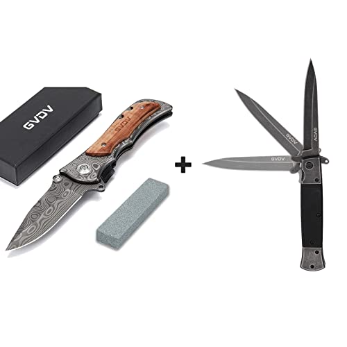 GVDV Pocket Knife with Wood Handle + Pocket Folding Knife with G10