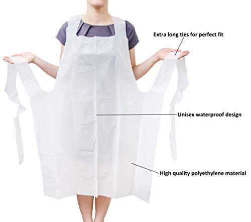 100 Pack White PE Aprons with Extra Long Ties 28 x 46. 2 Mil Disposable Poly Aprons. Liquid-Proof Workwear. Protective Plastic Uniform Aprons for Men, Women. Lightweight, Breathable. Wholesale price.