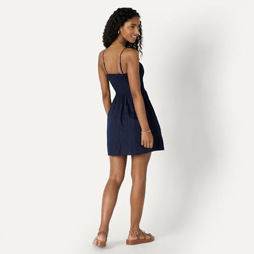 Vestido con Corpiño Nido de Abeja de Satén de Algodón de Corte Recto Mujer, Azul Marino, XS