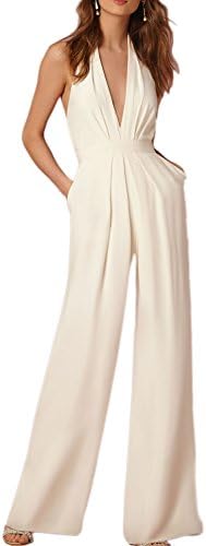 Women's Elegant V Neck Halter Backless Full lined Jumpsuits White S