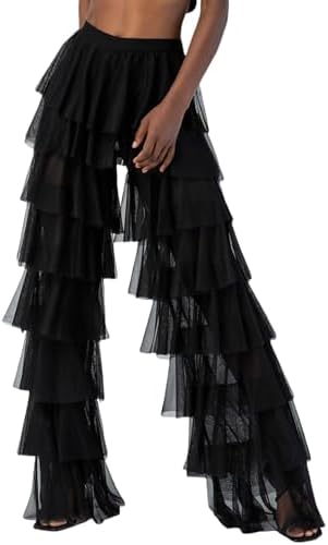 Women Tulle Pants Y2k Multi Layered Long Pants Ruffle Tiered High