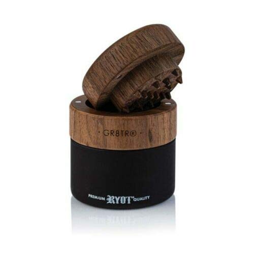 RYOT Wood GR8TR Herb Grinder with Clear or Matte Black Jar Body and Beech or Walnut Top (Walnut Top/Black Jar)