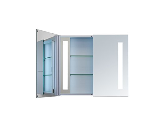 Innoci-USA Zeus LED Double Door Wall Mount Mirrored Lighted Medicine Cabinet Vanity Featuring IR Sensor, Tempered Glass Shelves and Rocker Switch 30" x 26"