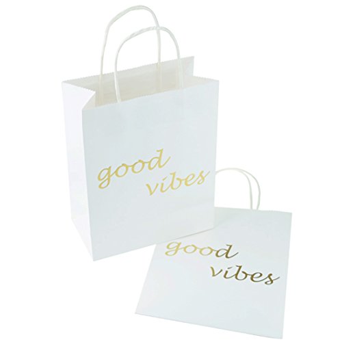 FOONEA 12 Pack Paper Bags, Good Vibes Gold Foil Printed with Handles, Wedding Welcome Gift Bags for Hotel Guests, Bridal Baby Shower Shopping Birthday Party Favors