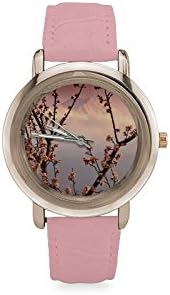Birthday Gifts Beautiful Cherry Blossom Women's Gold Leather Strap Watch