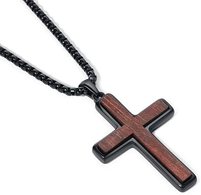 Ropartman Wooden Cross Necklace for Men, Real Ebony Inset In Black