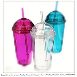 3 x Large MIXED Smoothie Cups (Double walled) with screw lids and plastic straws - Milkshake glasses, Smoothie cups, Slushie cups, Ice cold drinks Tumblers