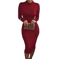 Pink Queen Womens Turtleneck Long Sleeve Knee Length Bodycon Midi Dress XXL Dark Red