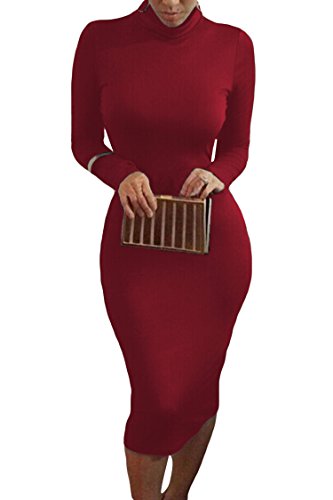 Pink Queen Winter Dresses for Women Turtleneck Longsleeve Knee Length Bodycon Midi Sexy Holiday Dress S Dark Red - Thumbnail 6