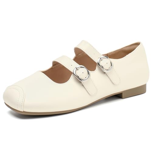 LiupanUp Mary Jane Women Square Toe Flats Buckle Strap Comfortable Slip On Casual Shoes 3White Size 8.5 at Amazon