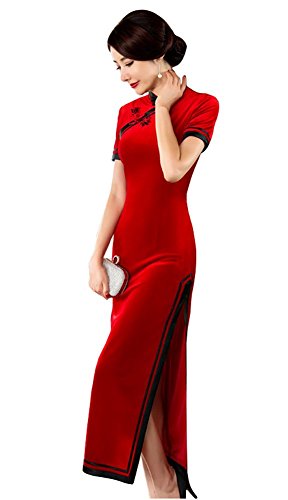 Angcoco Women's Short Sleeve Velvet Maxi Cheongsam Dress China Qipao