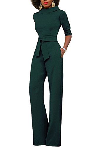 KISSMODA Women Sexy Lapel Ruffle One Piece Wide Leg Long Pants Jumpsuit Rompers Green XX-Large