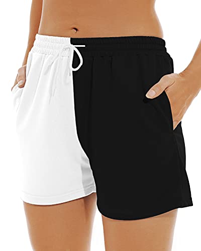 STYLEZONE WOMENS SHORTS CASUAL SUMMER WORKOUT RUNNING WITH DRAWSTRING POCKETS WHITE AND BLACK