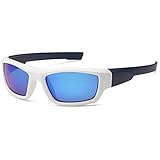 Naga Sports Youth Teenager UV400 Polarized Sunglasses for Baseball, Softball, Running, Fishing, Biking - Kids Ages 6-14 (POLARIZED Blue Mirror Lens White Navy Frame)