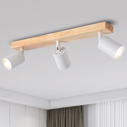 ANWIO Ceiling Lamp with 3 Interior LED Bulbs, GU10 Base, White Wall Light with Rectangular Wooden Base, Rotatable Ceiling Light (without Bulbs)