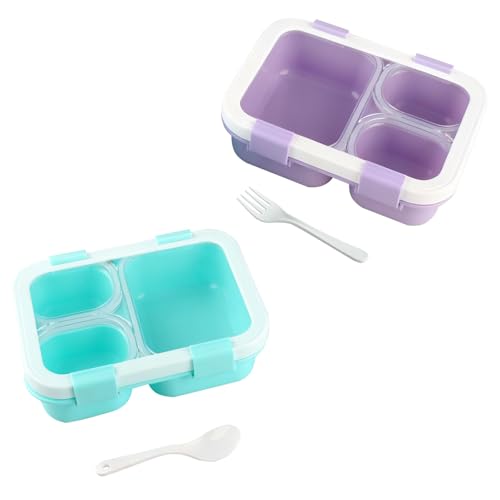 Doafoce 2 Pieces Lunch Box with 3 Compartments and Cutlery Bento Box 850 ml Lunch Box Children and Adults Leakproof Lunch Box for School Work Picnic, BPA Free, Microwave Safe