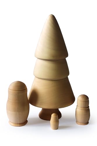 Ari & Ella Baby Wooden Christmas Tree Nesting Dolls Set, Natural Unpainted, Russian Matryoshka Style, Decorative Holiday Decor, 7.1 Inch Tall