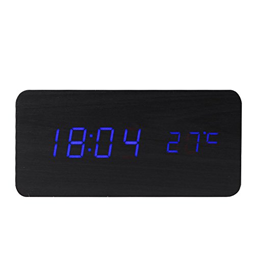 KABB Digital Clock, Wooden Alarm Clock, LED Desk Shelf Clock with Triple Alarms Calender Temperature Display and Voice Control Travel Clock for Office Home Decor (6 Inches)