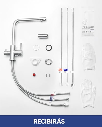 Sofetiy 3-Way Kitchen Tap, Osmosis Tap with 2 Levers, Kitchen Tap with Cold and Hot Water and Filtered Water, Brushed Stainless Steel, 360° Rotatable (No Water Purifier)