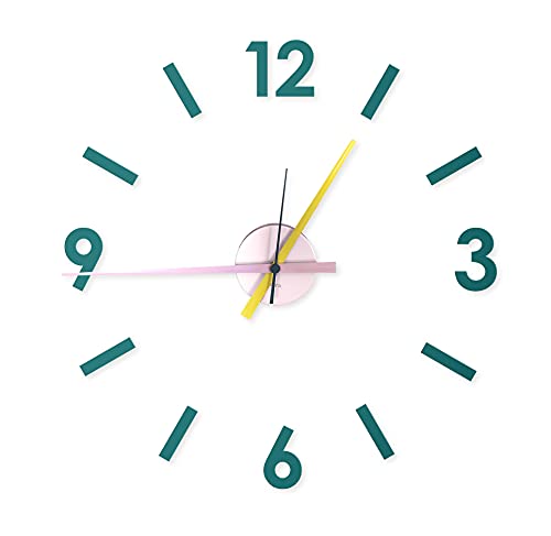 Fisura - Orologio da parete fai da te blu, rosa, giallo.Grande orologio da parete adesivo.Nessun ticchettio.metallo e ABS.