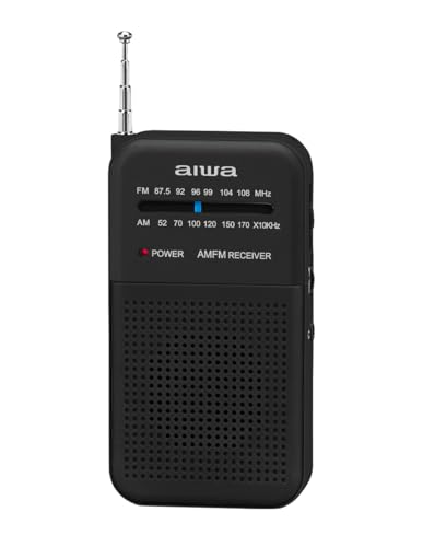 Aiwa Radio Portátil Am/FM de Bolsillo AWFML1, Altavoz 1.5”, Conector Audífonos 3.5 mm, Funciona con 2 AAA, Diseño Compacto Ligero Color Negro, Recepción Clara y Fácil de Usar