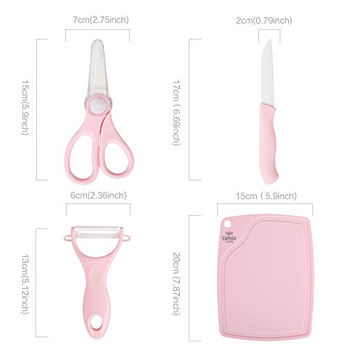 Lehoo Castle Ceramic Knife, Ceramic Scissors Baby Food, Fruit Peeler and Cutting Board 4 pcs Kitchen Set, Stainless Baby Scissors with Cover, Portable Safety Food Cutter (Pink) - Thumbnail 2
