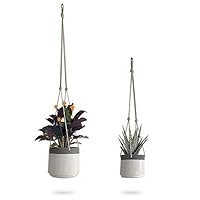 Ceramic Hanging Planter | White Gray Succulent Pots | Round Plant Holder Container | Cactus Pot with Cotton Rope Hanger | Indoor Outdoor Decor | 23 Bees (2 Pack x White)