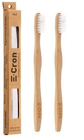 2 x E-Cron Bamboo Toothbrush (White) with Eco-friendly, 100% organic and biodegradable toothbrush with curved handle. Your Natural Dental Care with The clean and warm touch of The bamboo.
