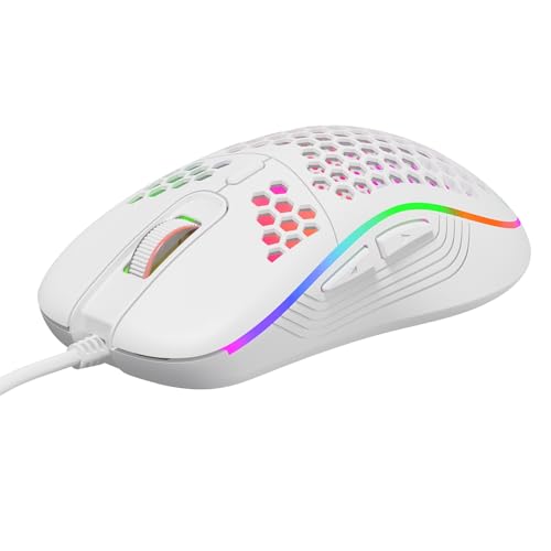 GADIRIA D110 Wired Gaming Mouse - Ultralight Honeycomb Design, 7200 dpi, 6 Programmable Buttons, RGB, USB-A + USB-C - Gaming Mouse for PC, Mac, Windows 10/11 and Linux (Matte White)