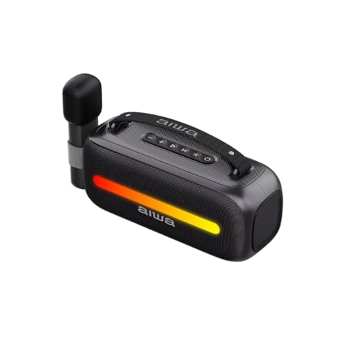 Aiwa Bocina Portátil Bluetooth AWS40BT con 12W de Potencia, Micrófono Inalámbrico para Karaoke, Luces RGB, Batería 6.5H, USB-C, Sonido Envolvente y Diseño Ideal para Fiestas y Reuniones
