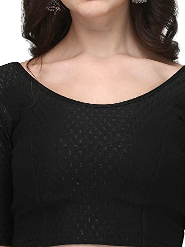 Shiv Textiles Round Neck Dobby Cotton Lycra Stretchable Elbow Sleeve Readymade Saree Blouse for Women Stylish (BlackPluse Size) 4
