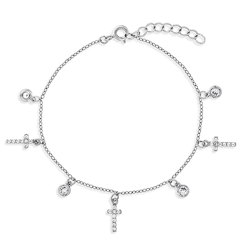 925 Sterling Silver Cross Charm With Bezel Cubic Zirconia Bracelet For Young Girls & Preteens - Beautiful Clear CZ Children's Jewelry - Lightweight Religious Bracelet For Girls Communion