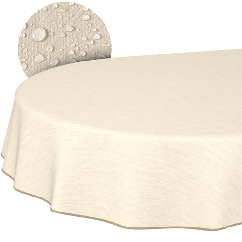Washable Oilcloth Tablecloth Garden Tablecloth Linen Look Easy Care Water-Repellent 160 x 140 cm (Oval) Cream with Hem