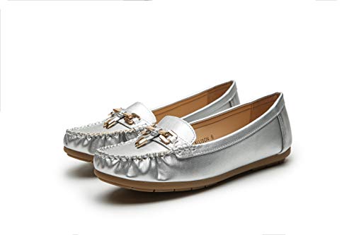 Mila Lady Fashion Colorful Causal Slip on Loafers Moccasin Walking Driving Indoor Flat Shoes for Women, Allison Silver Size 8.0