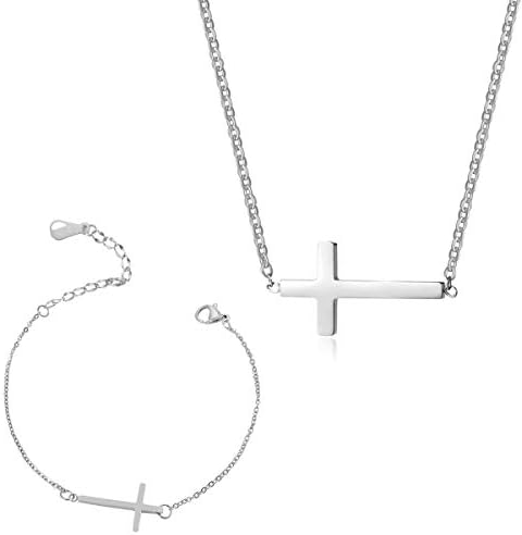 Stainless Steel Sideways Cross Pendant Necklace Religious Cross Bracelet Adjustable Jewelry Set